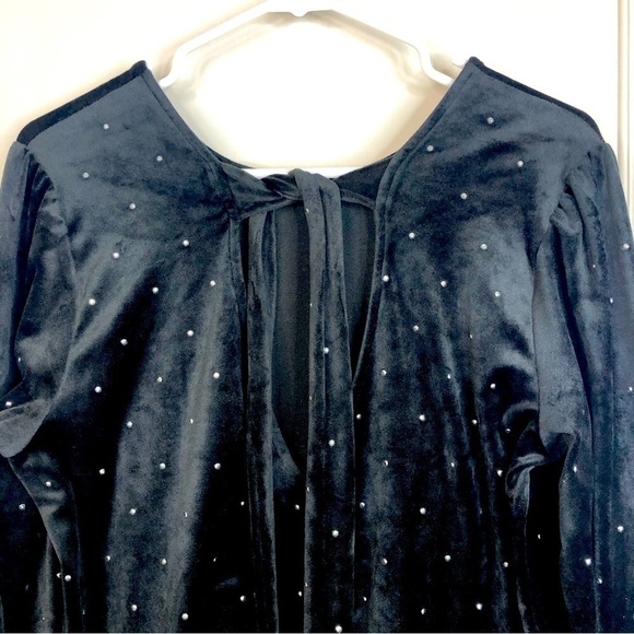 Loft black velvet long sleeve rhinestone bead dress tie at back neck size large - Picture 6 of 11